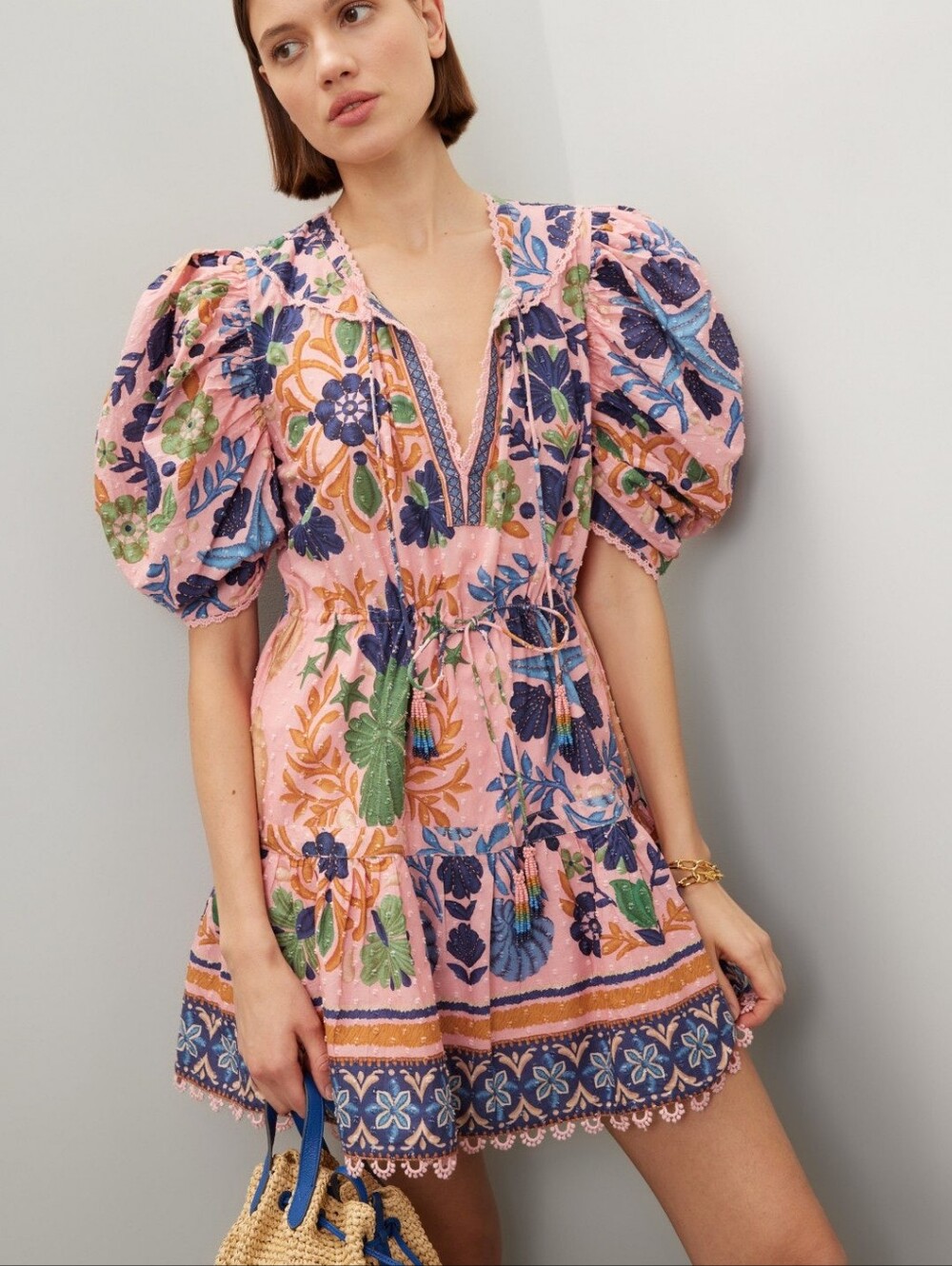 FARM Rio Seashell Mini Dress Cotton Casual Short Sleeves Crew Neck Size L